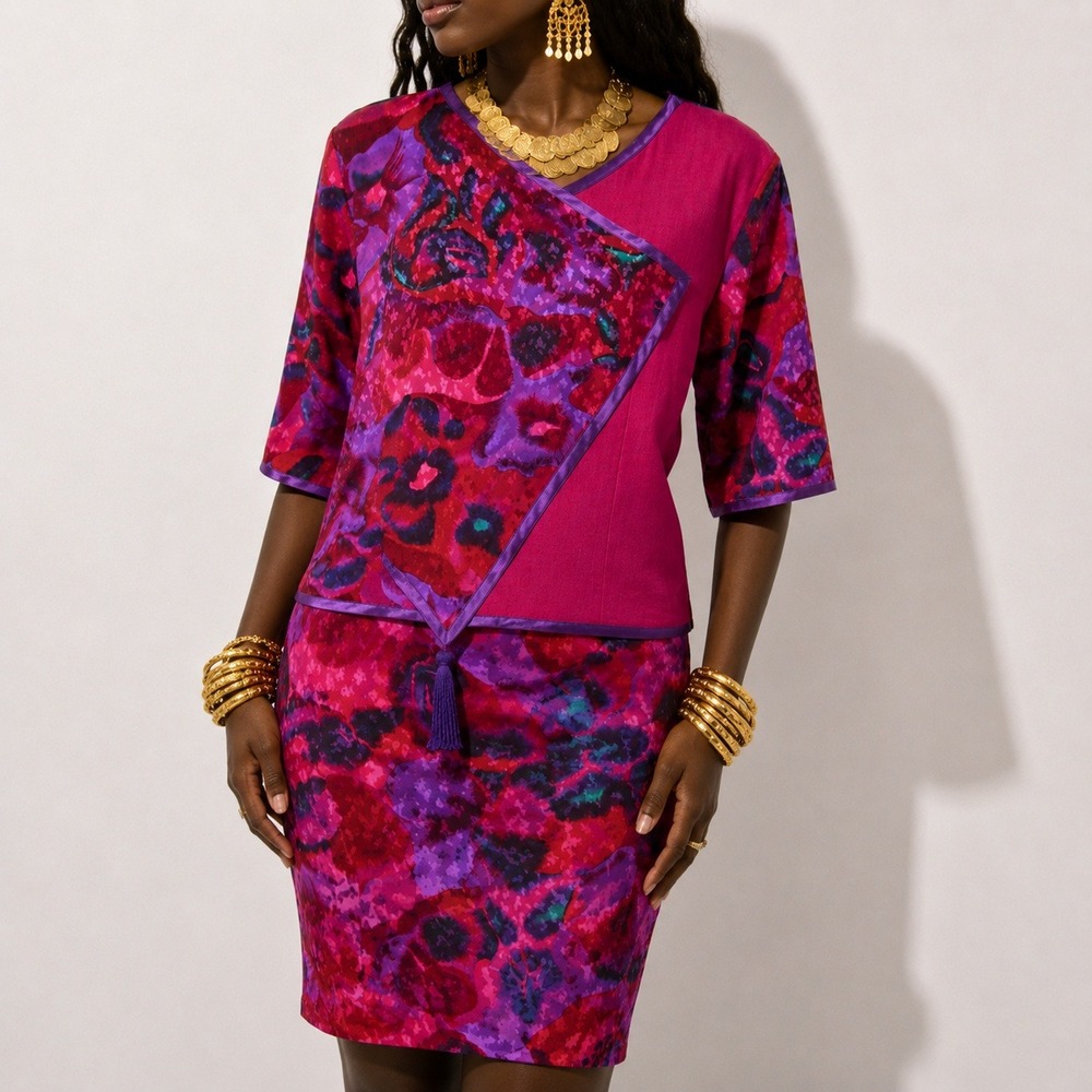 80s Vintage Abstract Floral Skirt Set Women M Hot Pink Tassel Satin Trim Maximal